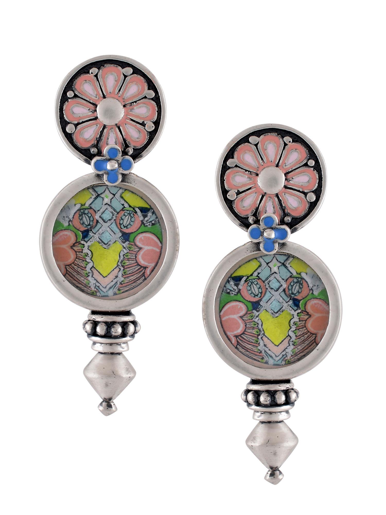 hand painted chandrika pink enamel coin earrings