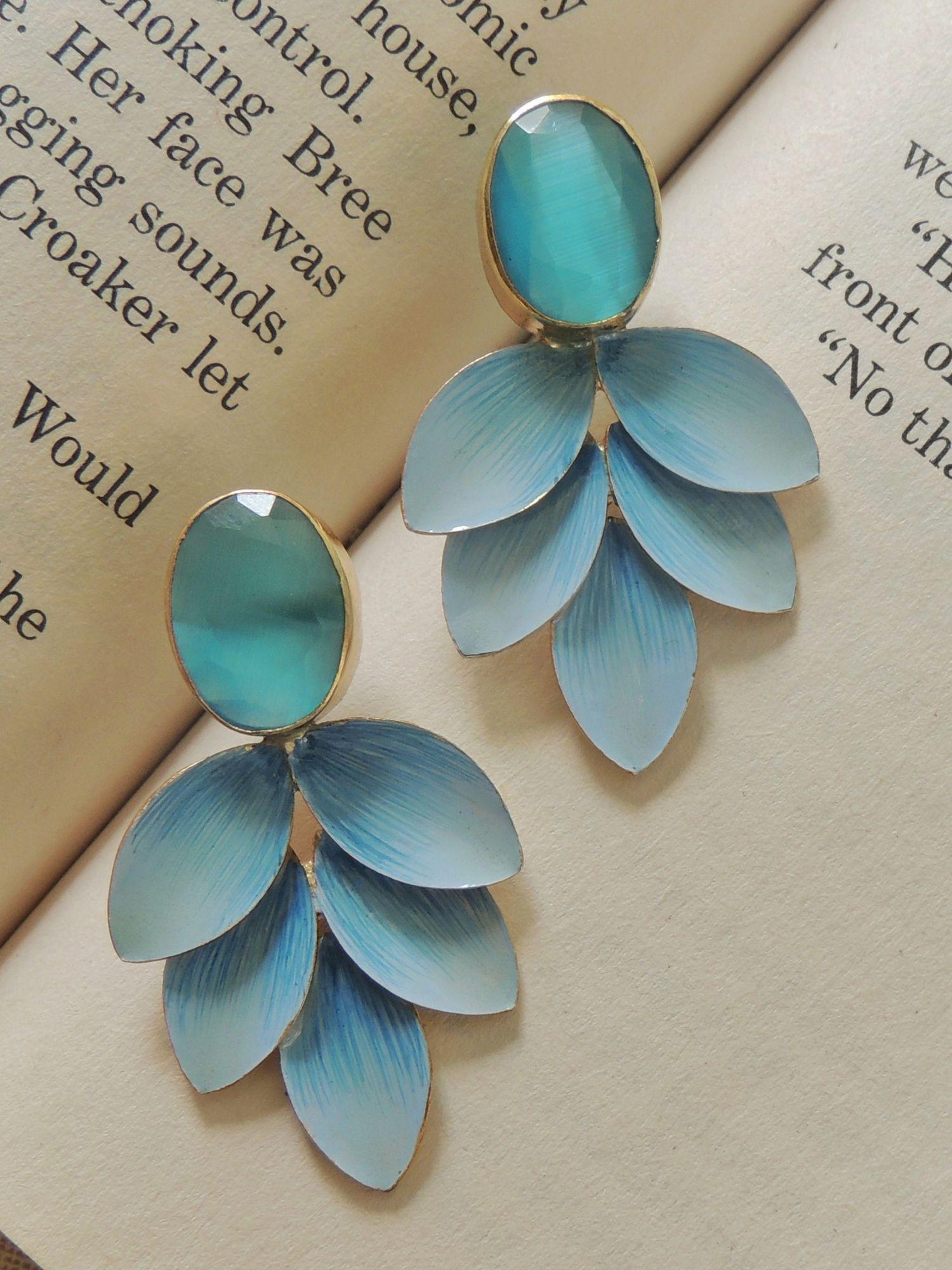 hand-painted pastel blue leaves studs