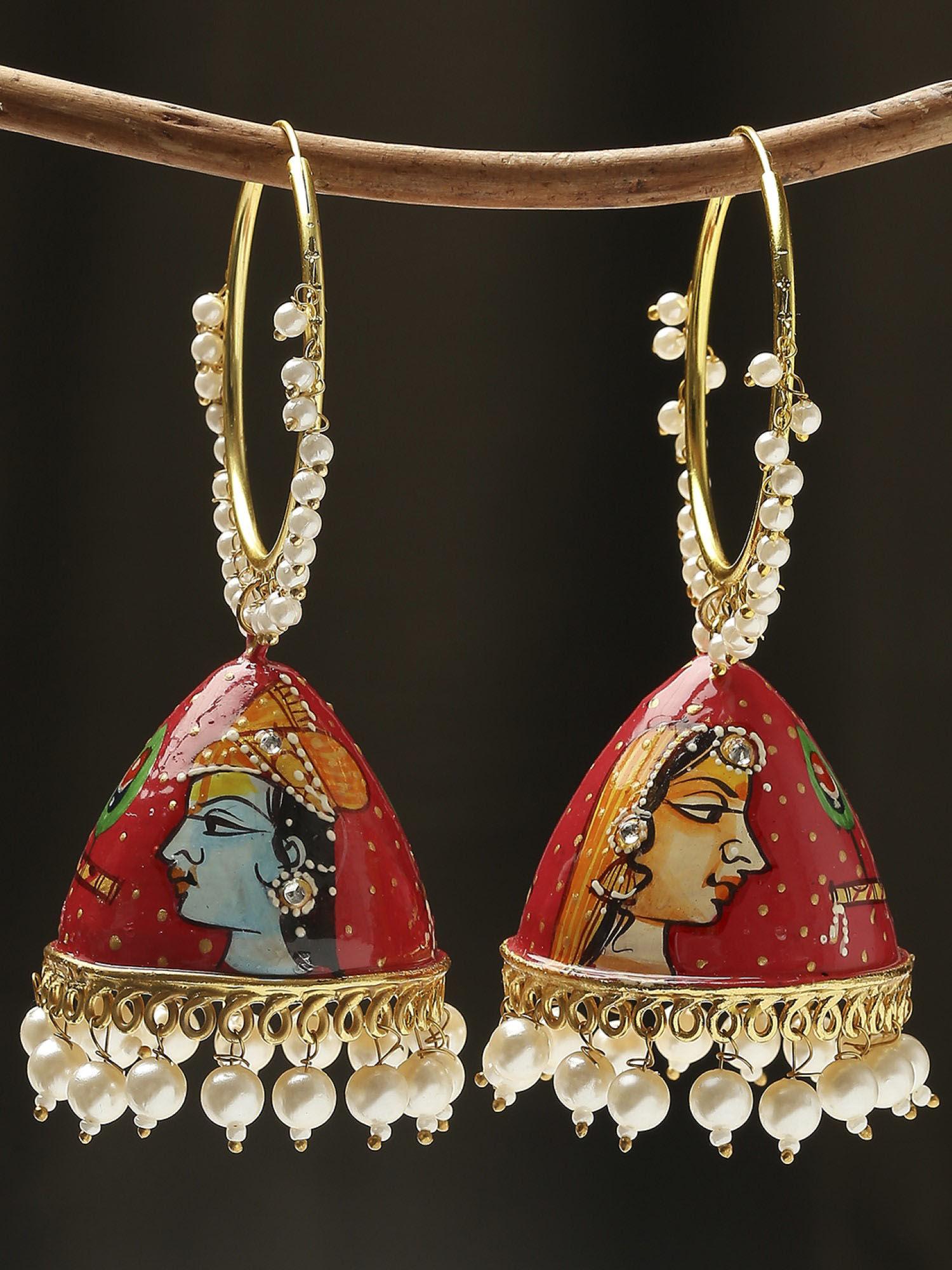 hand printed meenakari large jhumka earrings radha krishna design red & blue