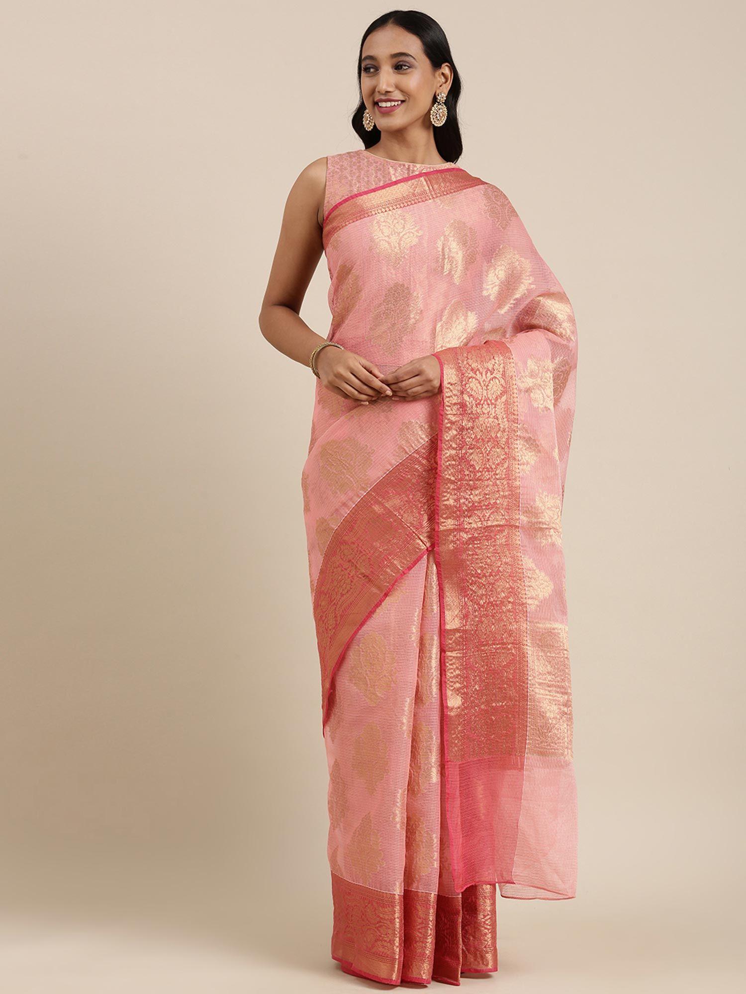 hand woven pink kota doria saree with zari work