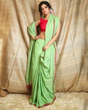 hand woven saree with tassels & unstitched blouse piece