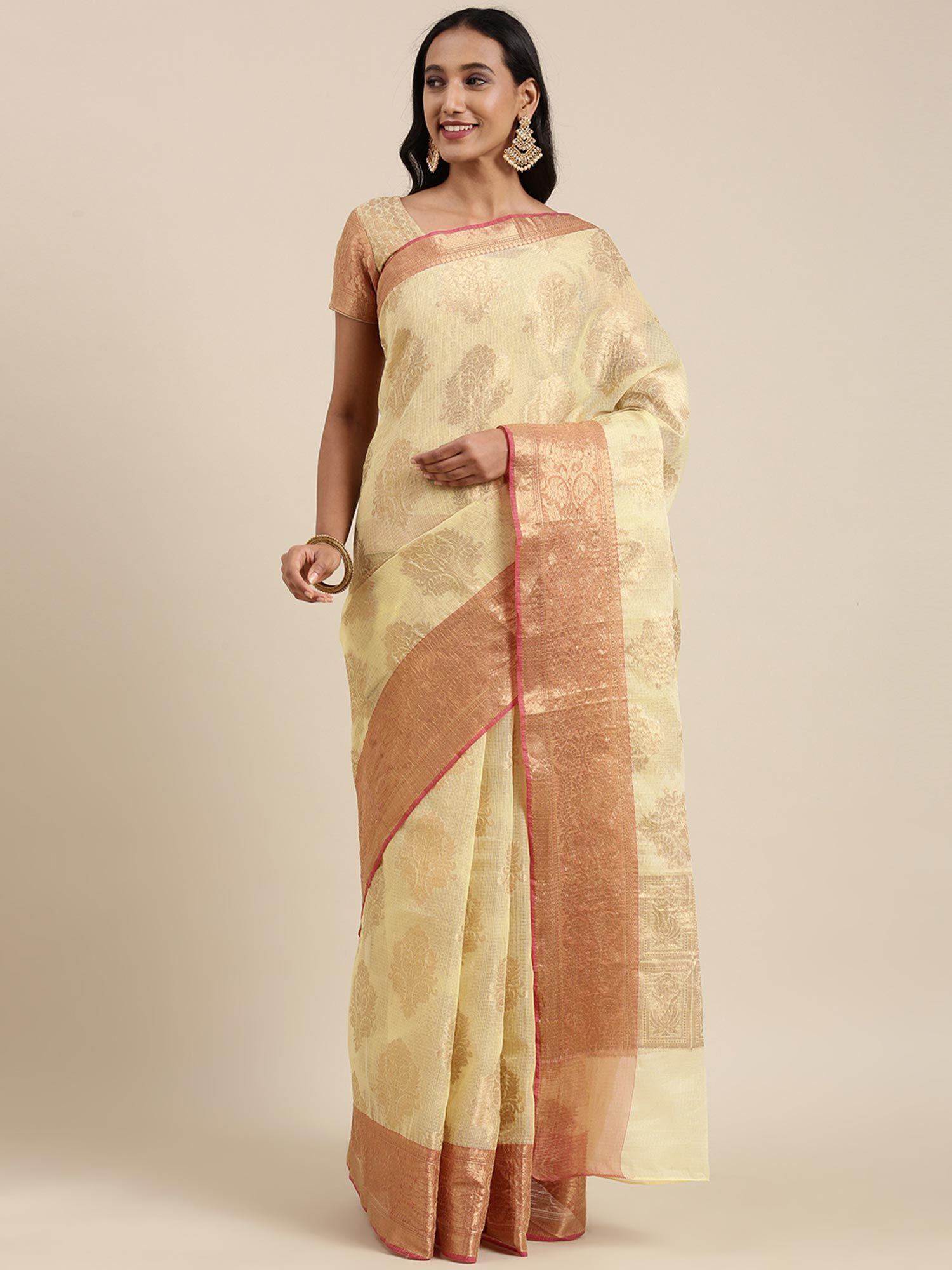 hand woven yellow kota doria saree with zari work