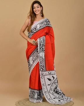 handblock print cotton saree with contrast border