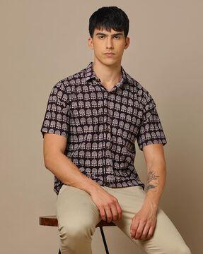 handblock print cotton shirt with patch pocket