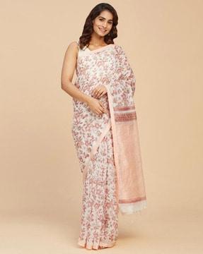 handblock print crepe saree with border