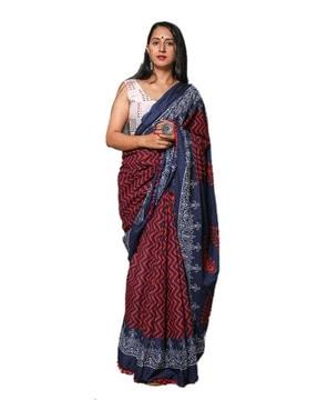 handblock print saree with pom-pom border