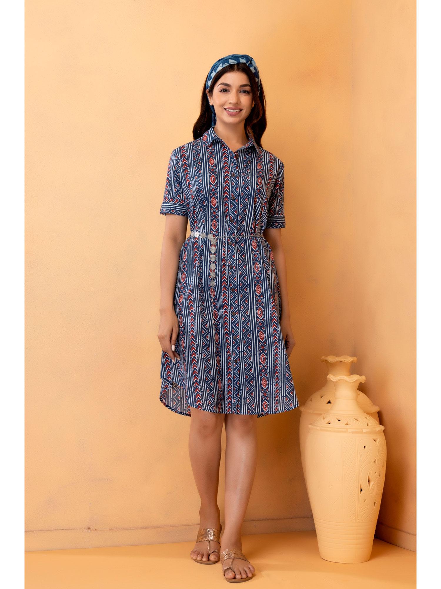 handblock printed cotton shirt dress with silver belt