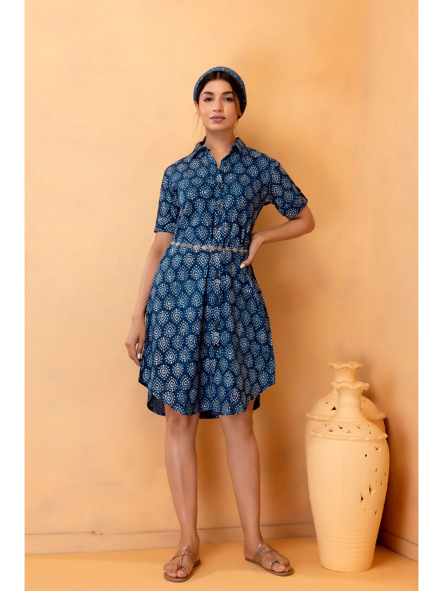 handblock printed cotton shirt dress with silver belt