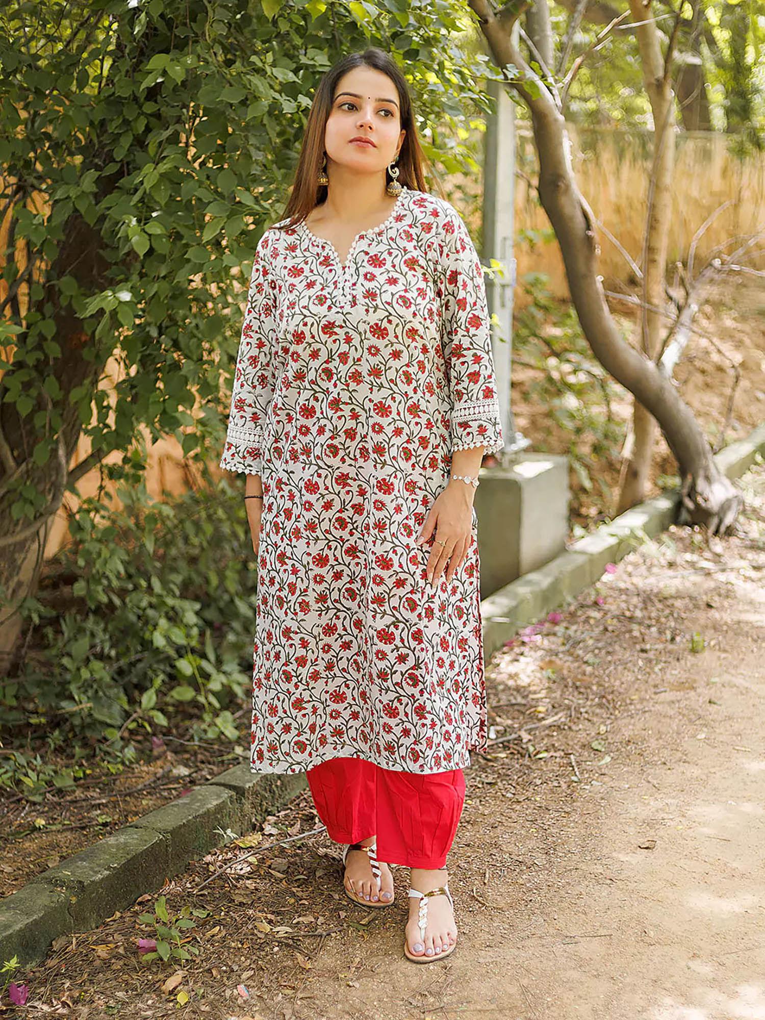 handblock printed white & red floral kurta & salwar (set of 2)