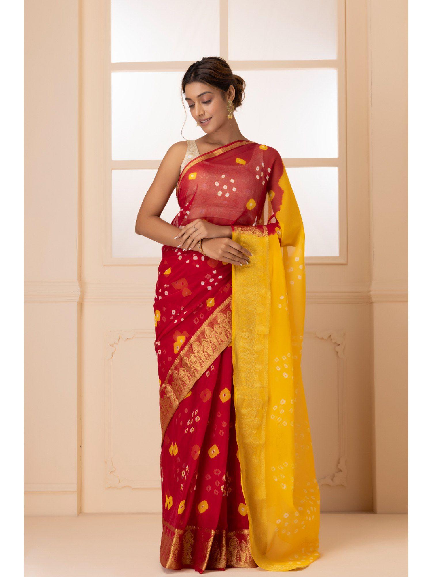 handcrafted bandhej chiffon saree zari border