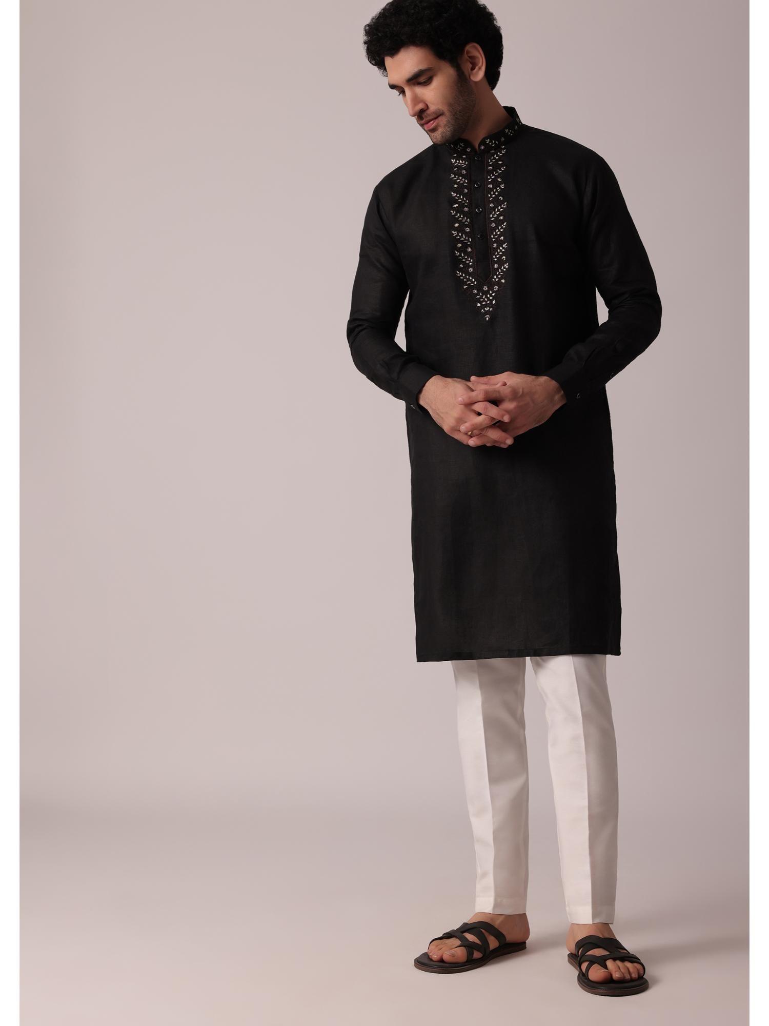 handcrafted black linen kurta