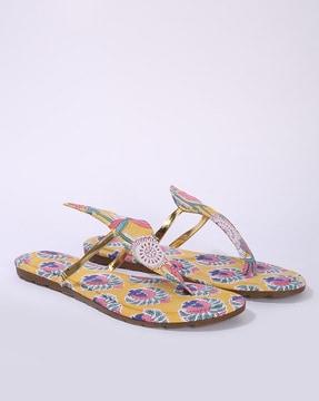 handcrafted cotton floral print thong-strap flat sandals
