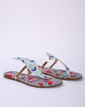 handcrafted floral print t-strap sandals