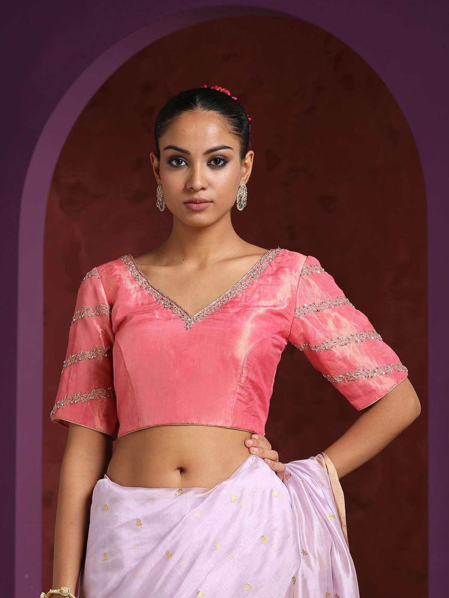 handcrafted pink tissue blouse with hand embroidered zardozi