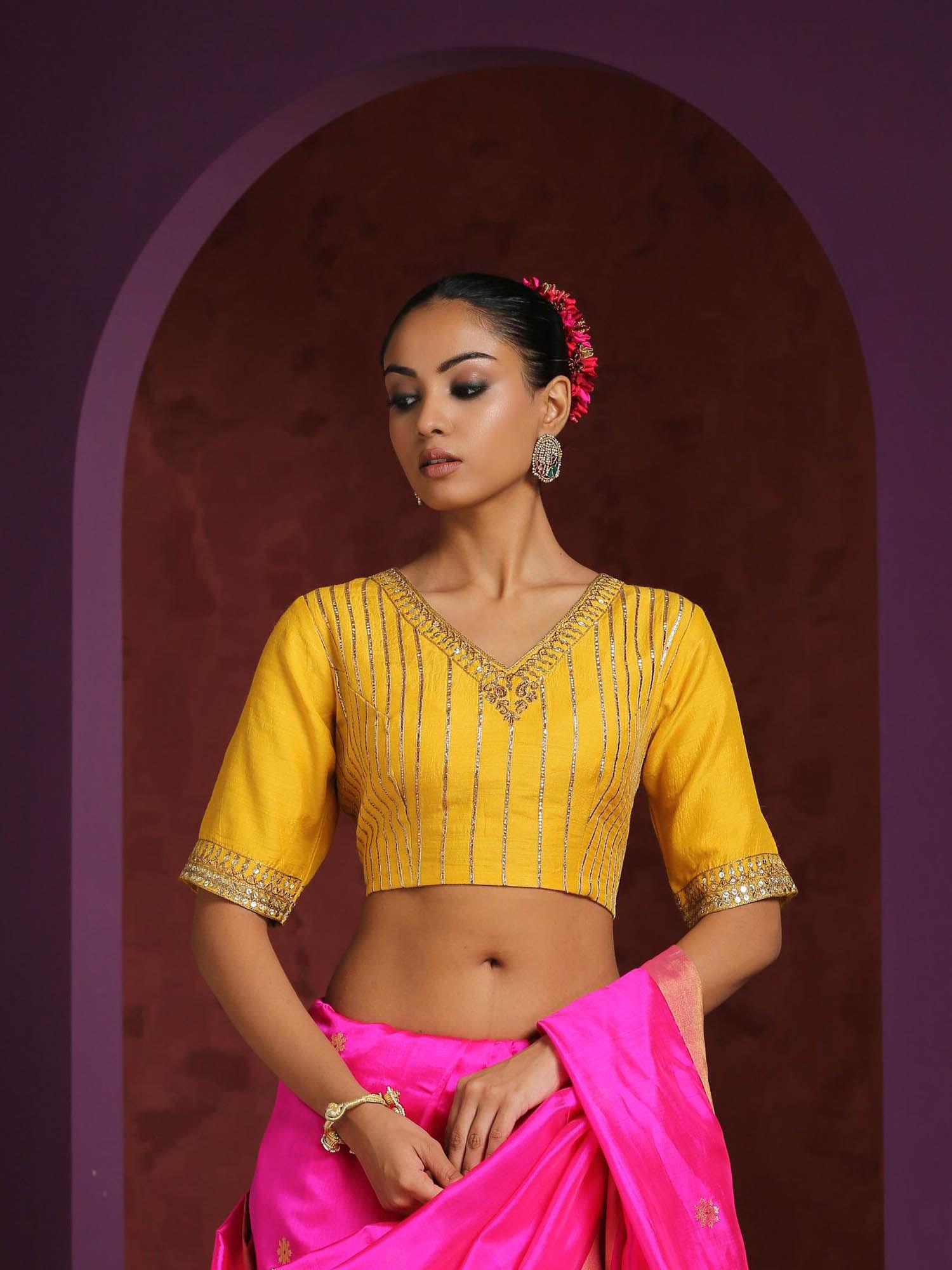 handcrafted yellow moonga silk blouse with gota patti