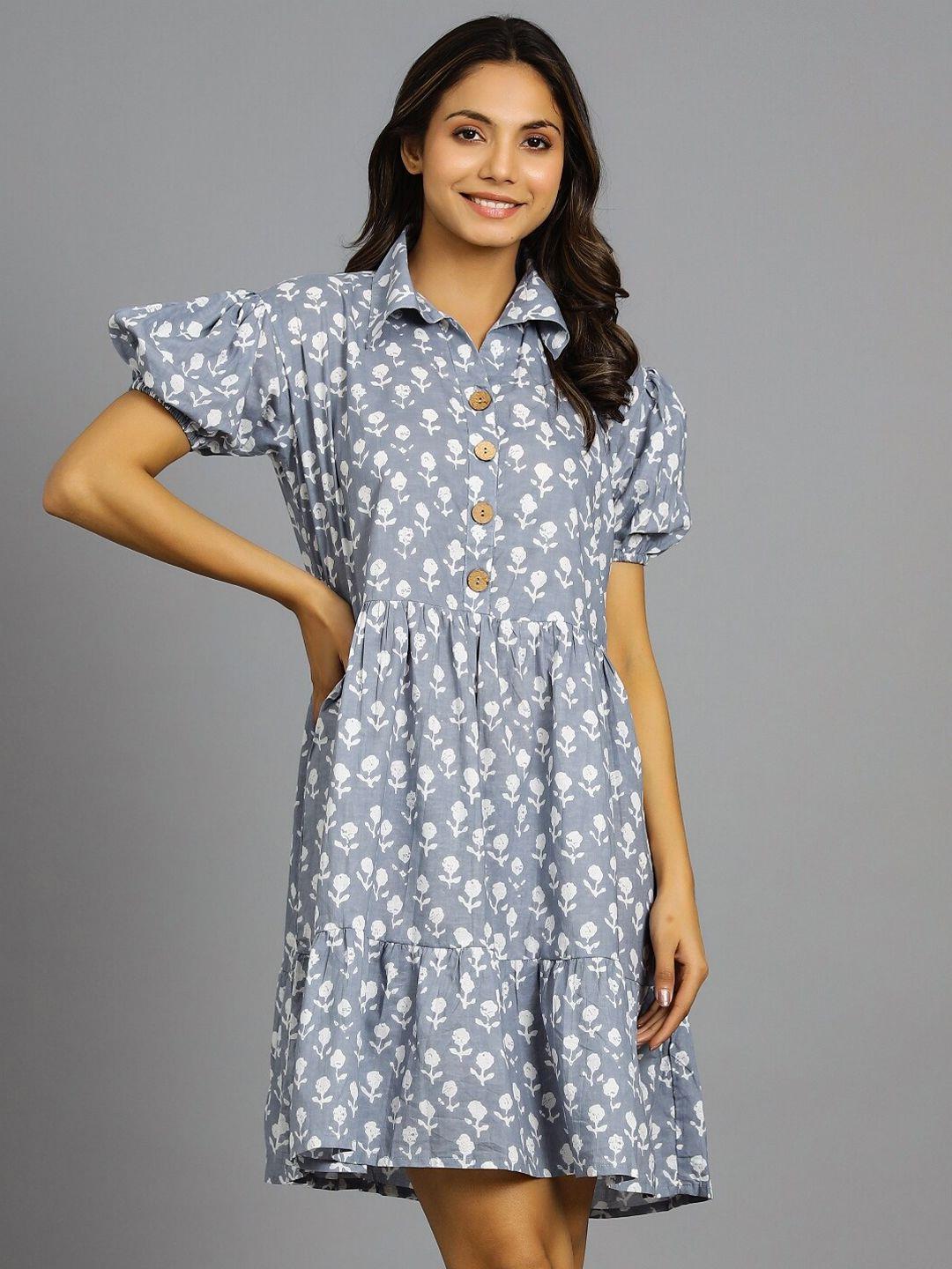 handicraft palace floral collared puff sleeve pure cotton dress