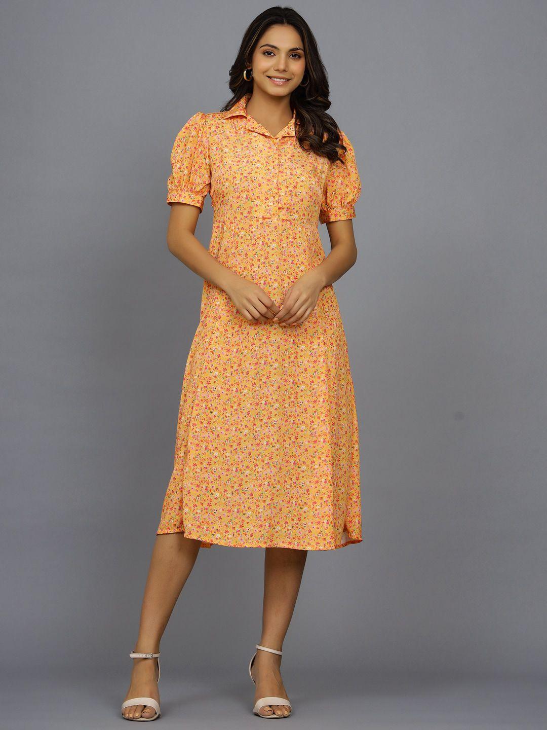 handicraft palace floral printed puff sleeves pure cotton a-line midi dress