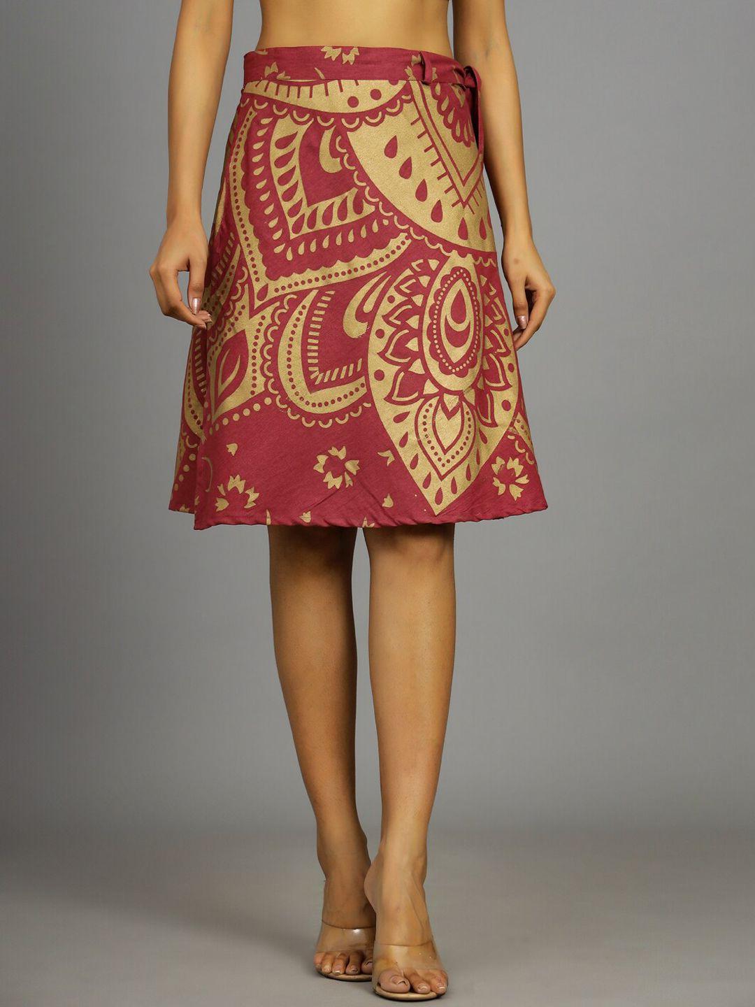handicraft palace printed wrap-around pure cotton knee-length skirt