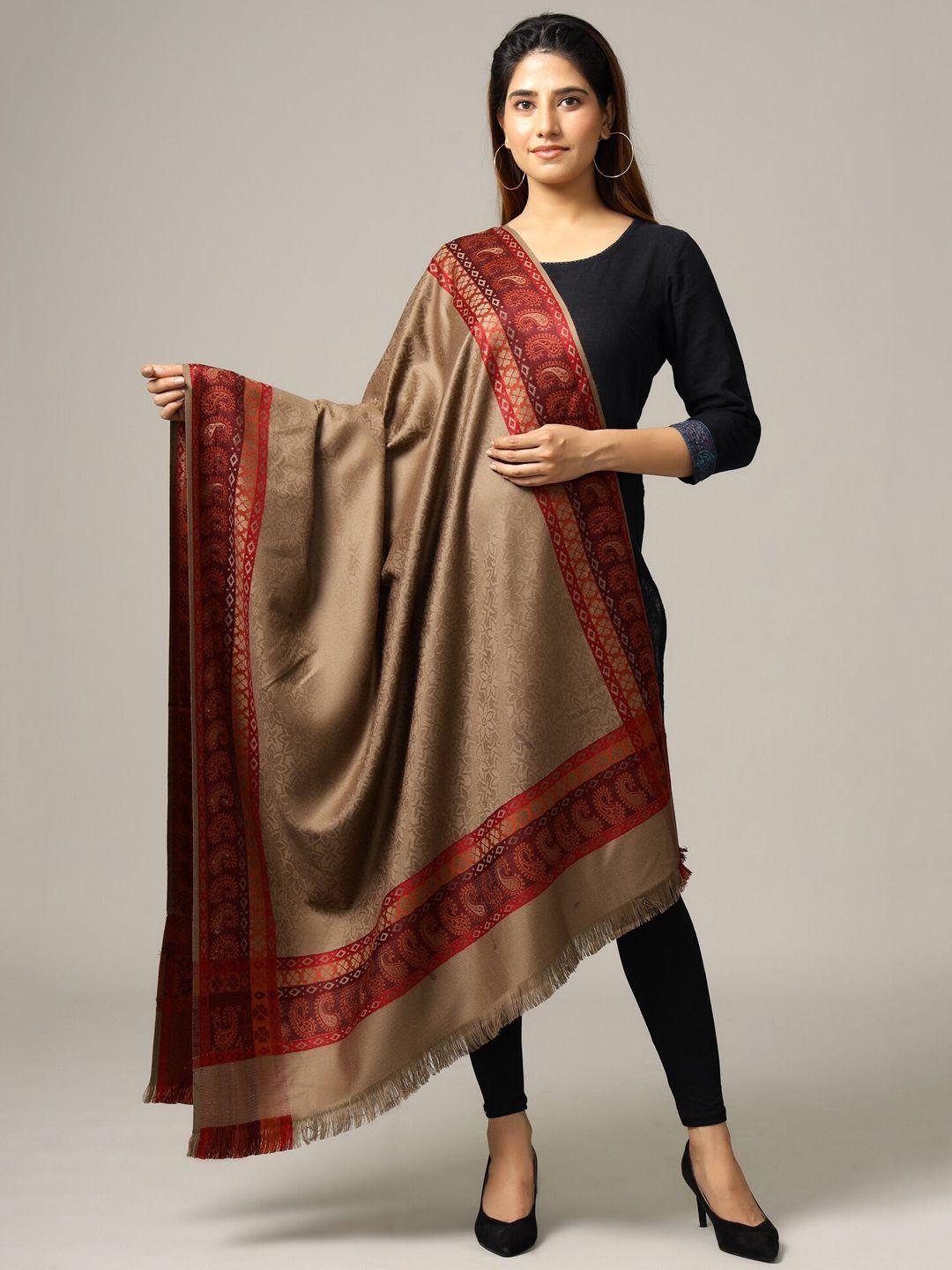 handicraft palace women brown & red printed ethnic motifs wool shawl