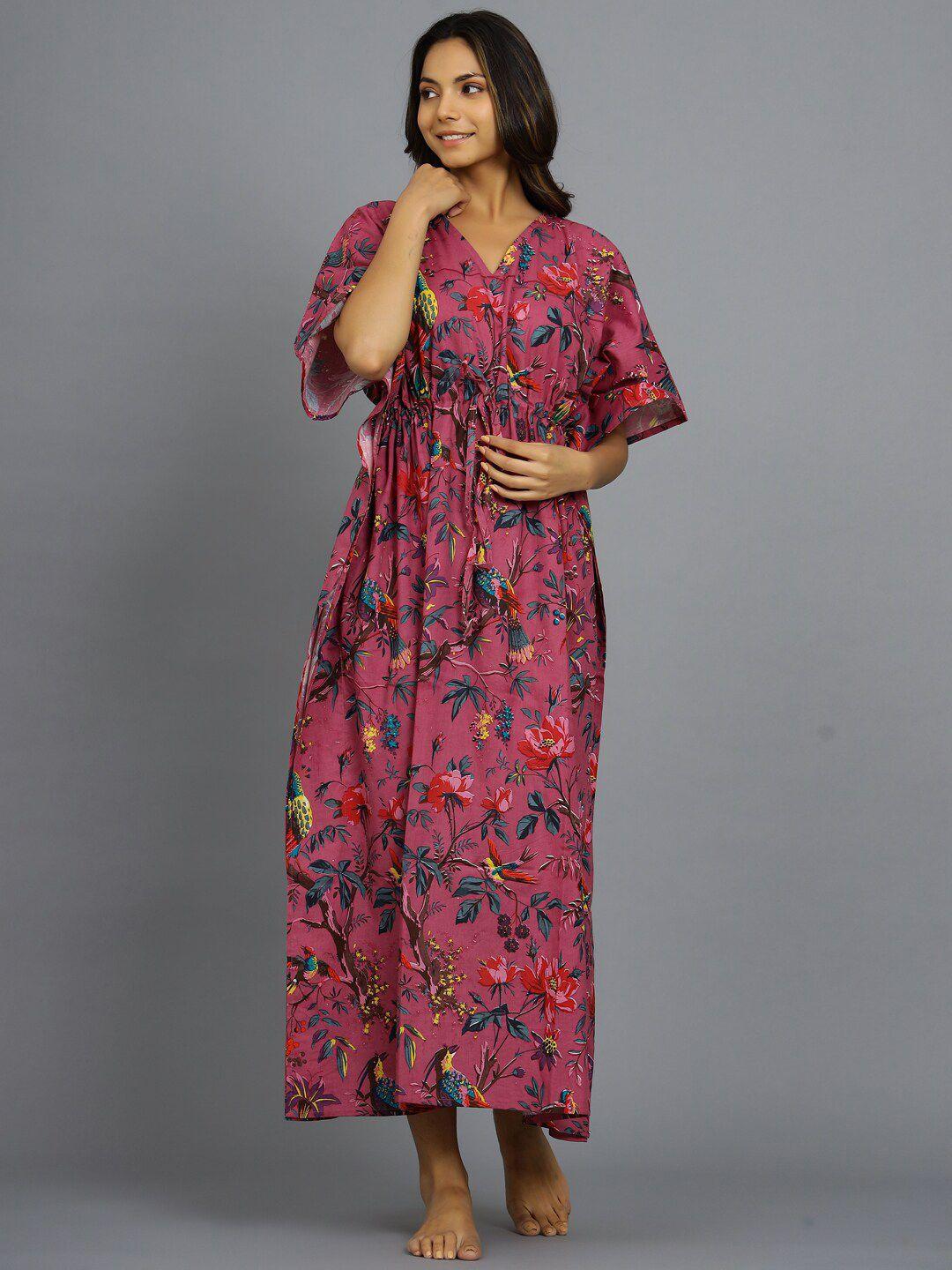 handicraft palace floral printed pure cotton maxi kaftan nightdress