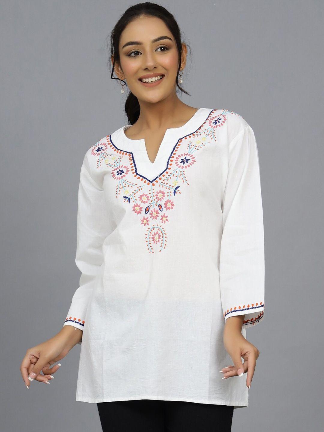 handicraft palace white floral embellished ethnic cotton longline top