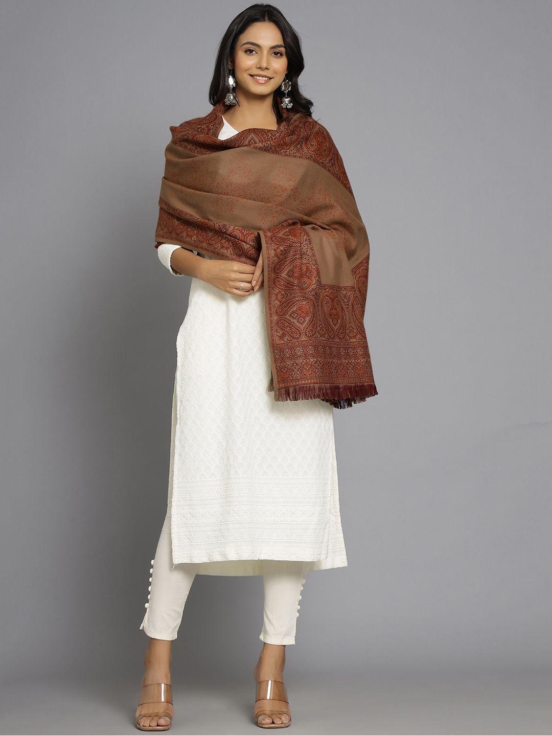 handicraft palace women beige woven-design woolen shawl