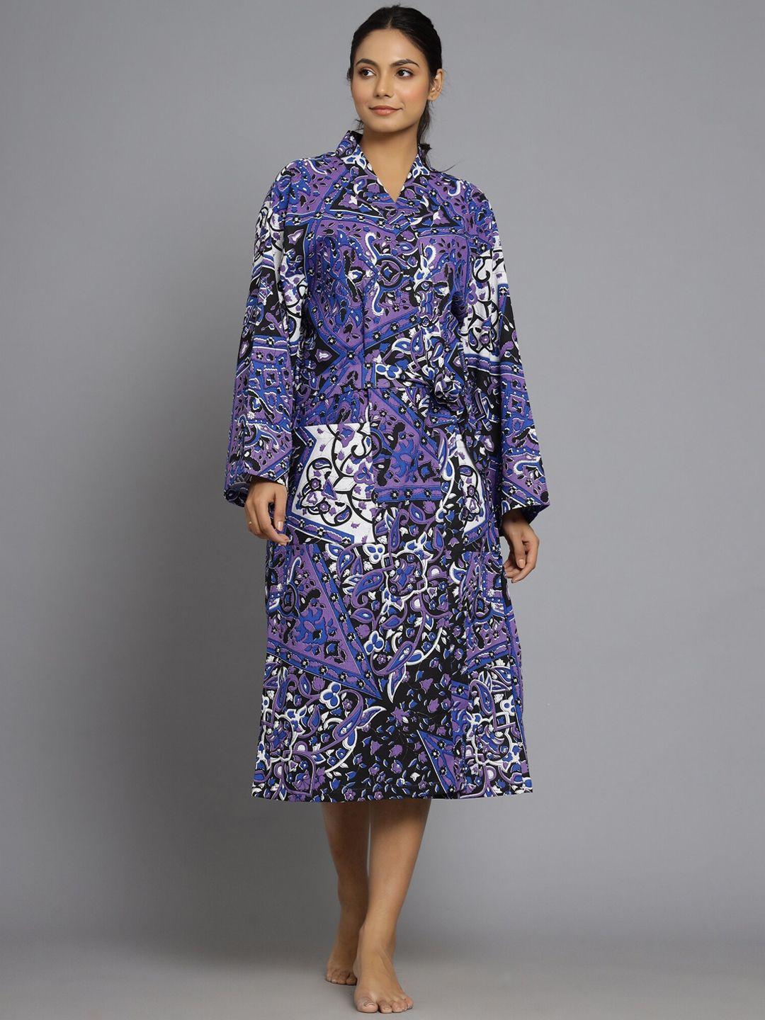 handicraft palace women black & blue printed pure cotton bath robe