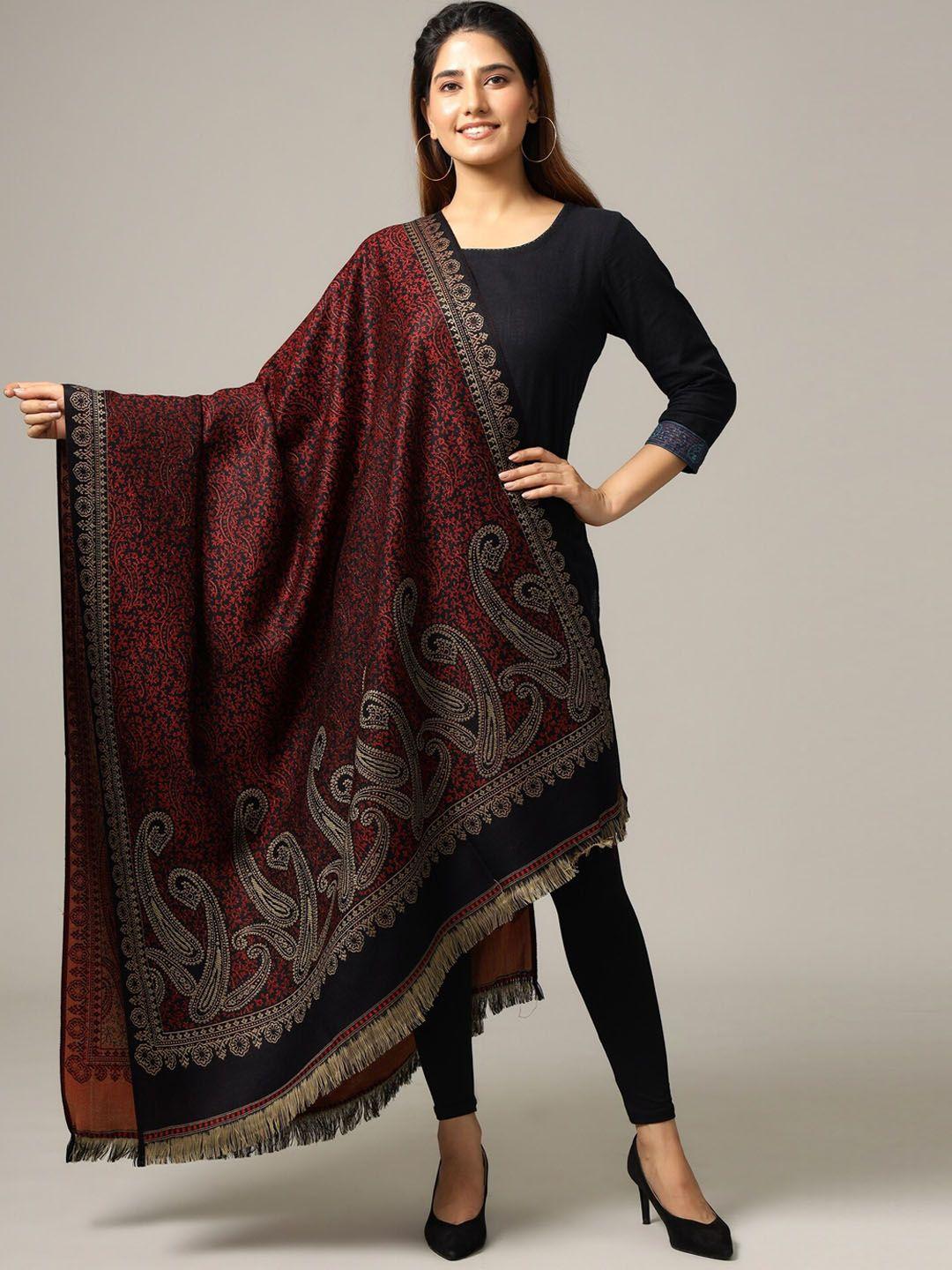 handicraft palace women black & maroon hand woven design wool shawl