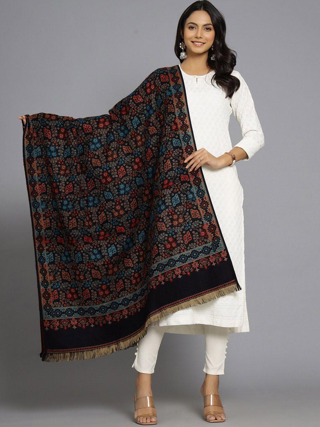 handicraft palace women black  woven-design woolen shawl