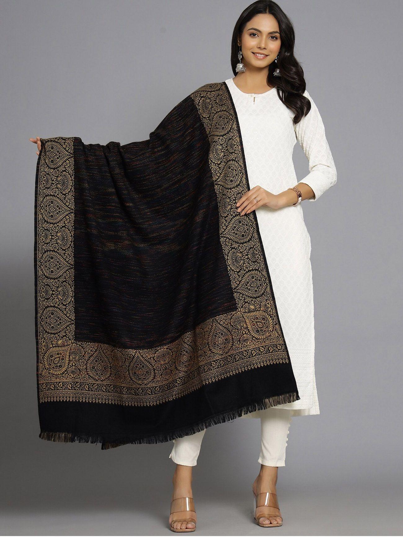 handicraft palace women black woven-design  shawl