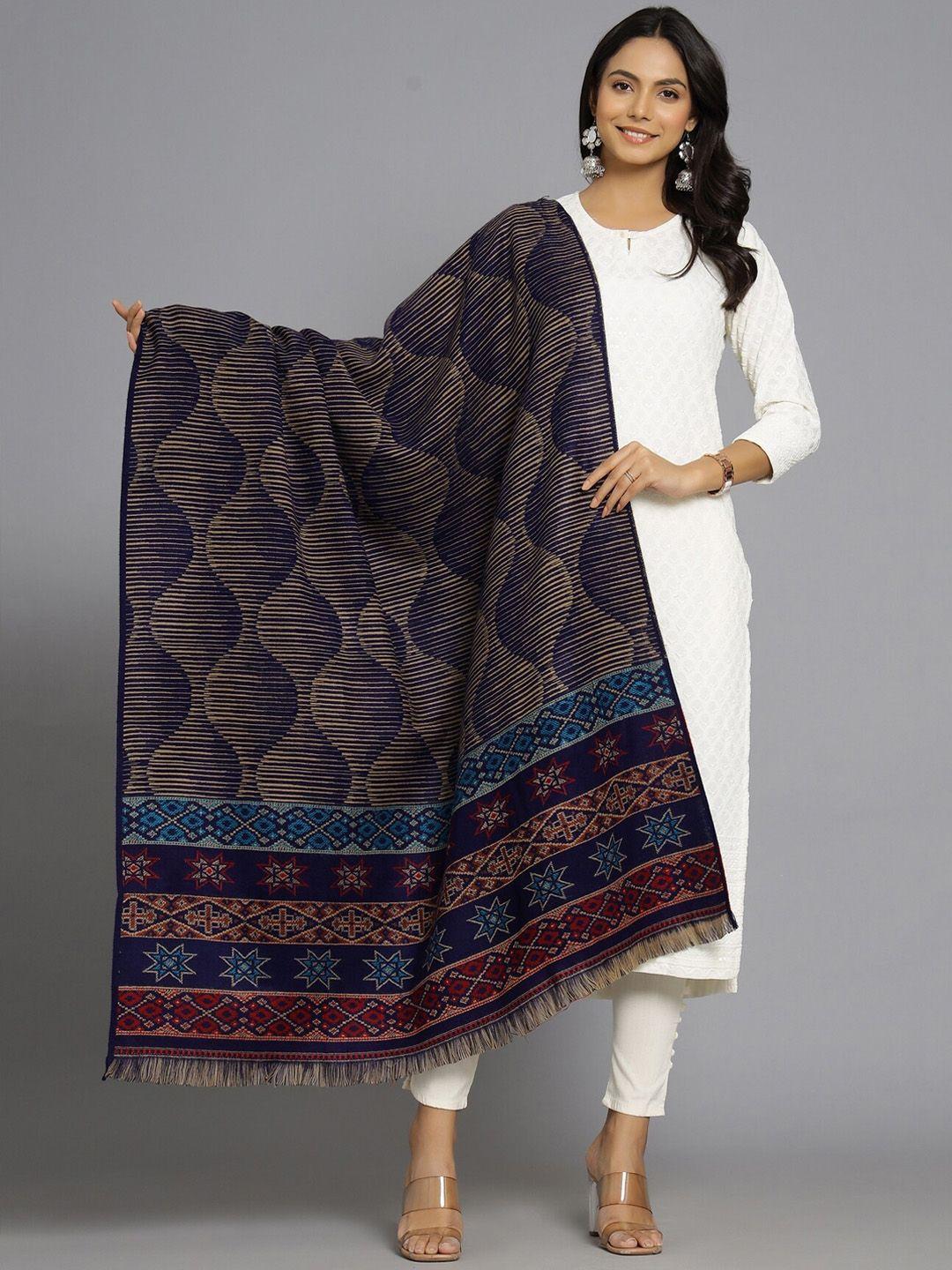 handicraft palace women blue woven-design geometric printed shawl