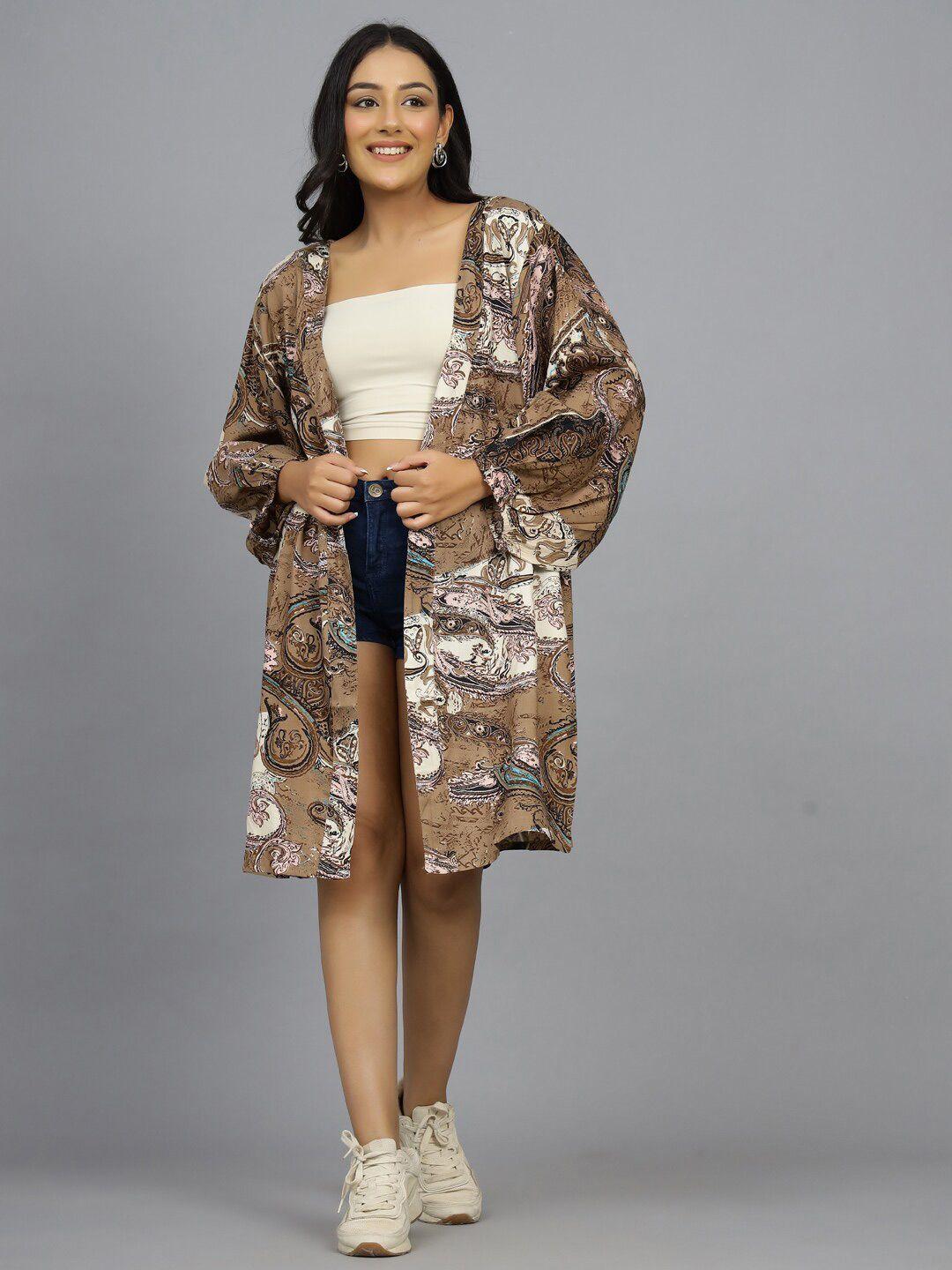 handicraft palace women brown & white printed longline ethnic shrug