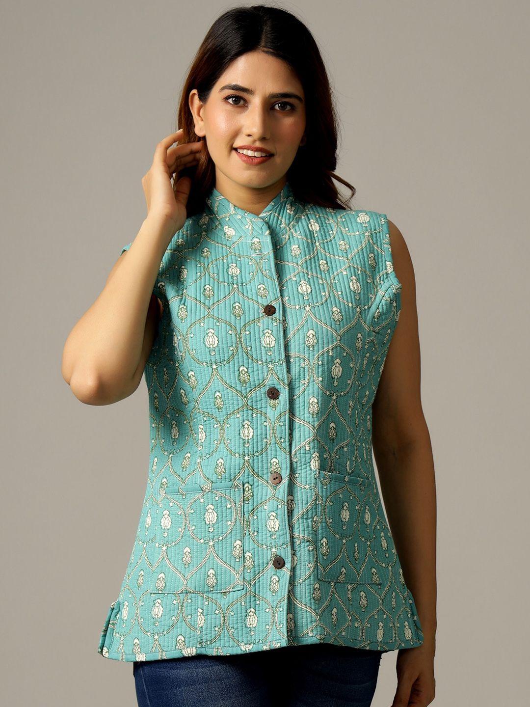 handicraft palace women green floral reversible tailored jacket