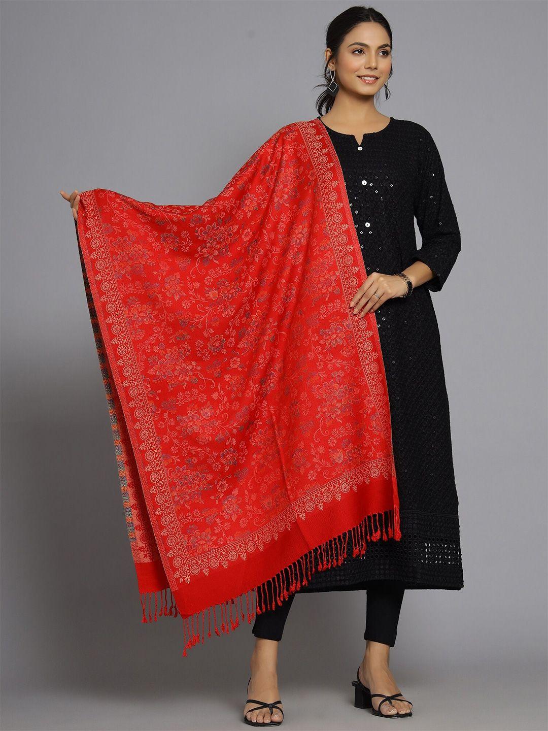 handicraft palace women red & blue floral woven design wool stole