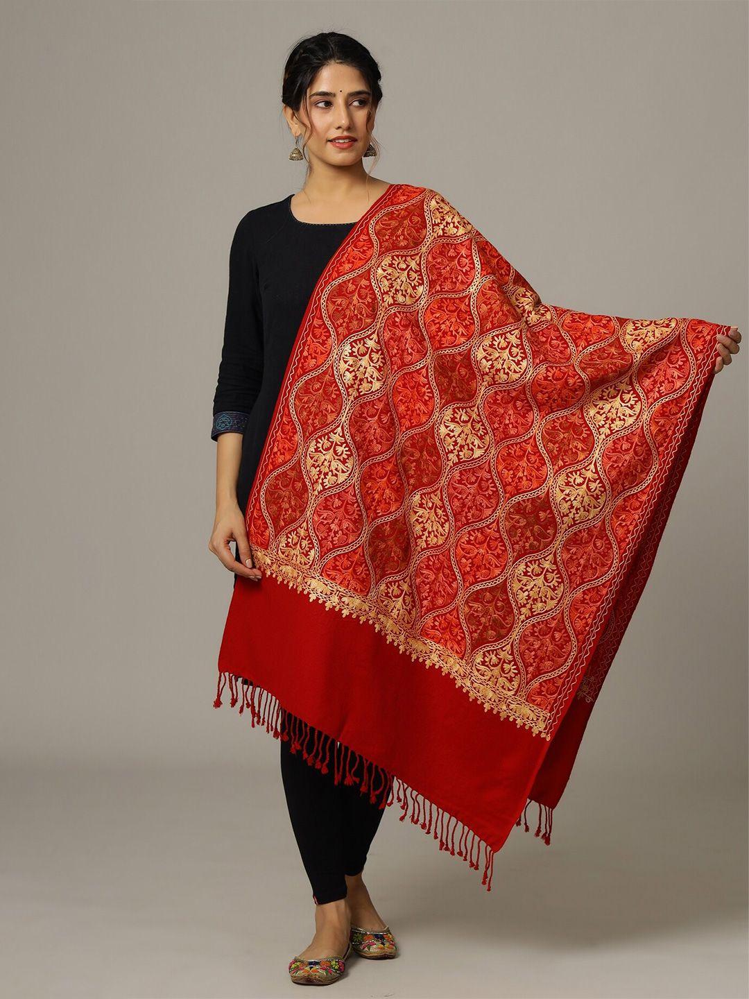 handicraft palace women red & gold-toned embroidered wool stole