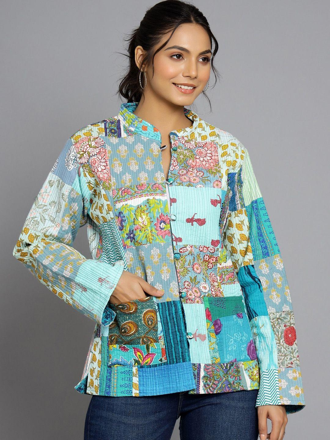 handicraft palace women turquoise blue floral reversible tailored jacket with embroidered