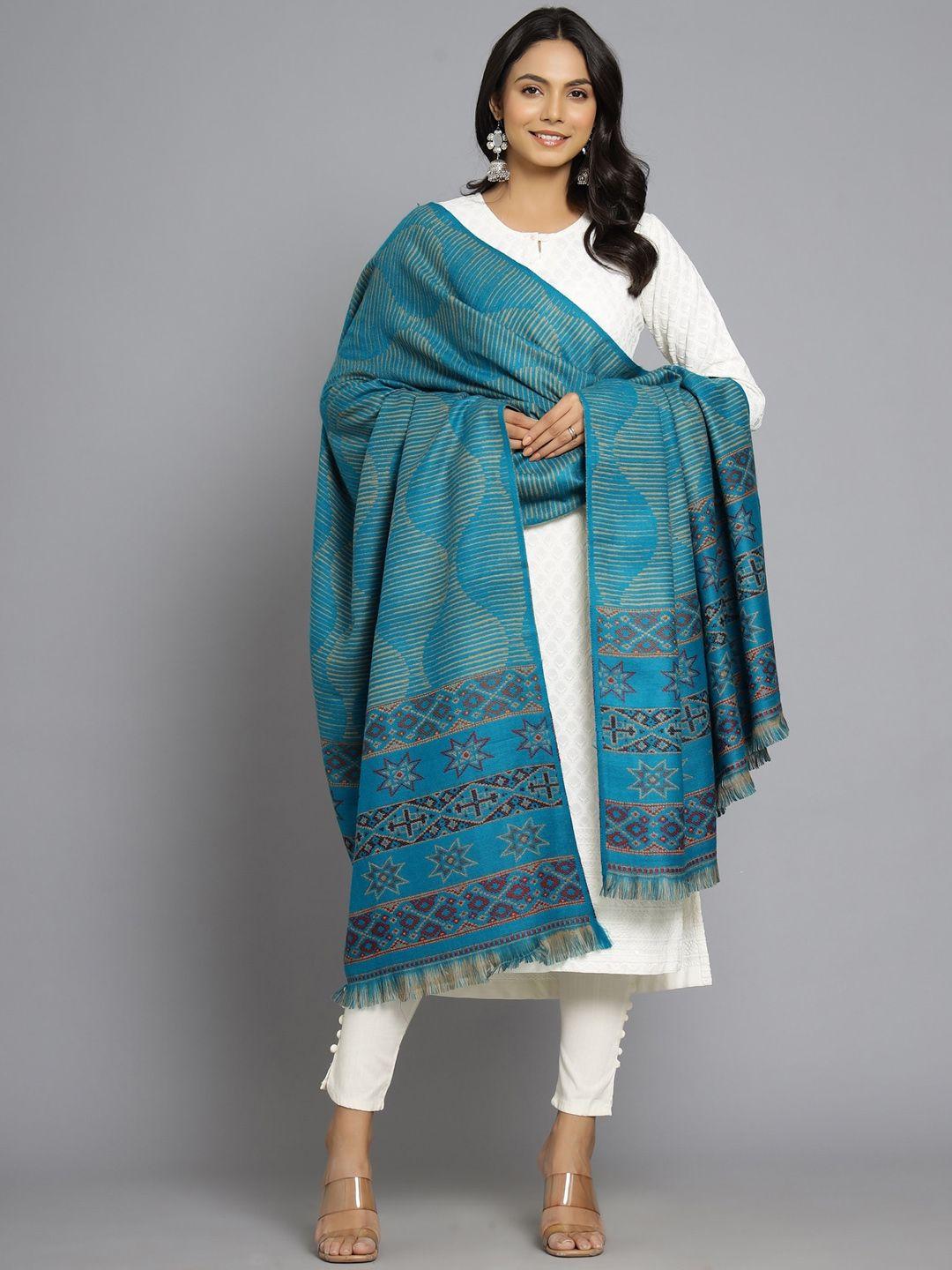 handicraft palace women turquoise blue woven-design shawl