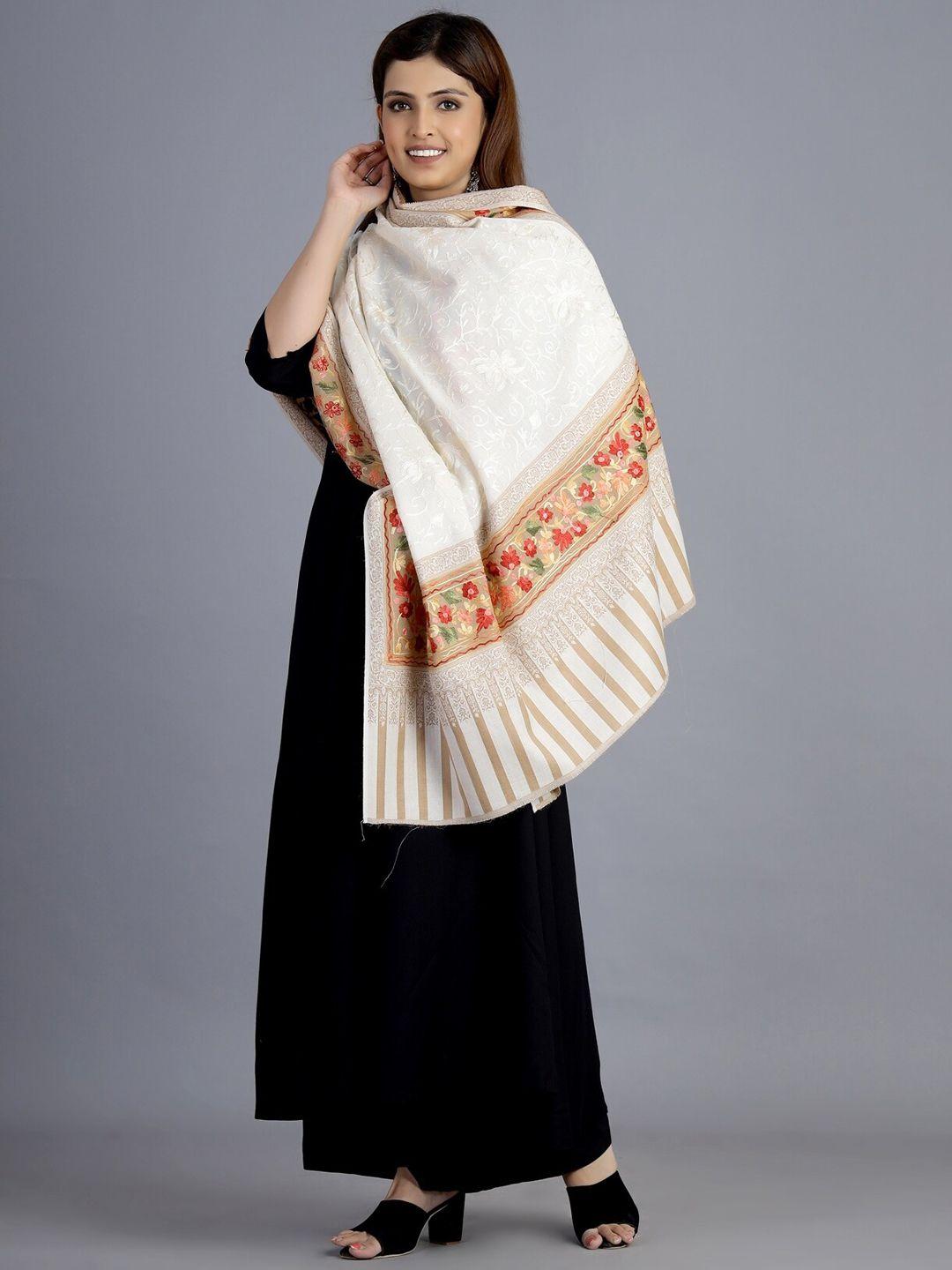 handicraft palace women white hand embroidered design wool shawl