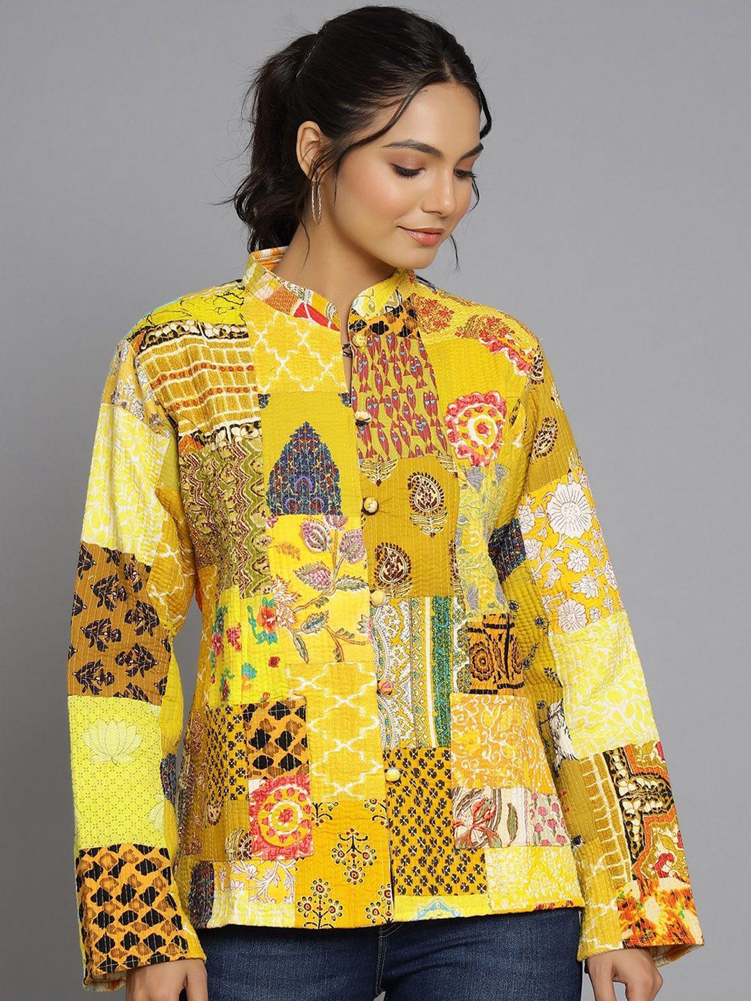handicraft palace women yellow floral reversible crop tailored jacket with embroidered