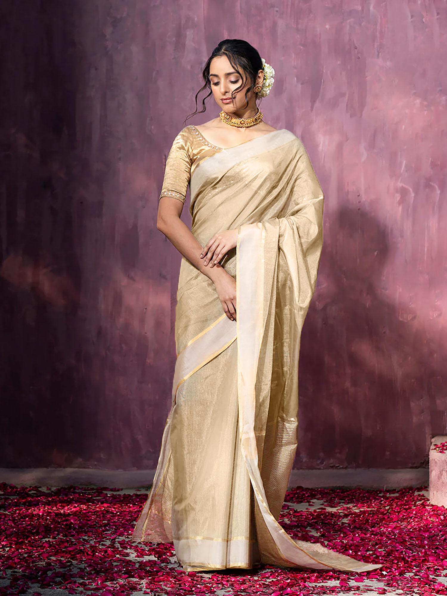 handloom beige tissue chanderi silk saree with unstitched blouse