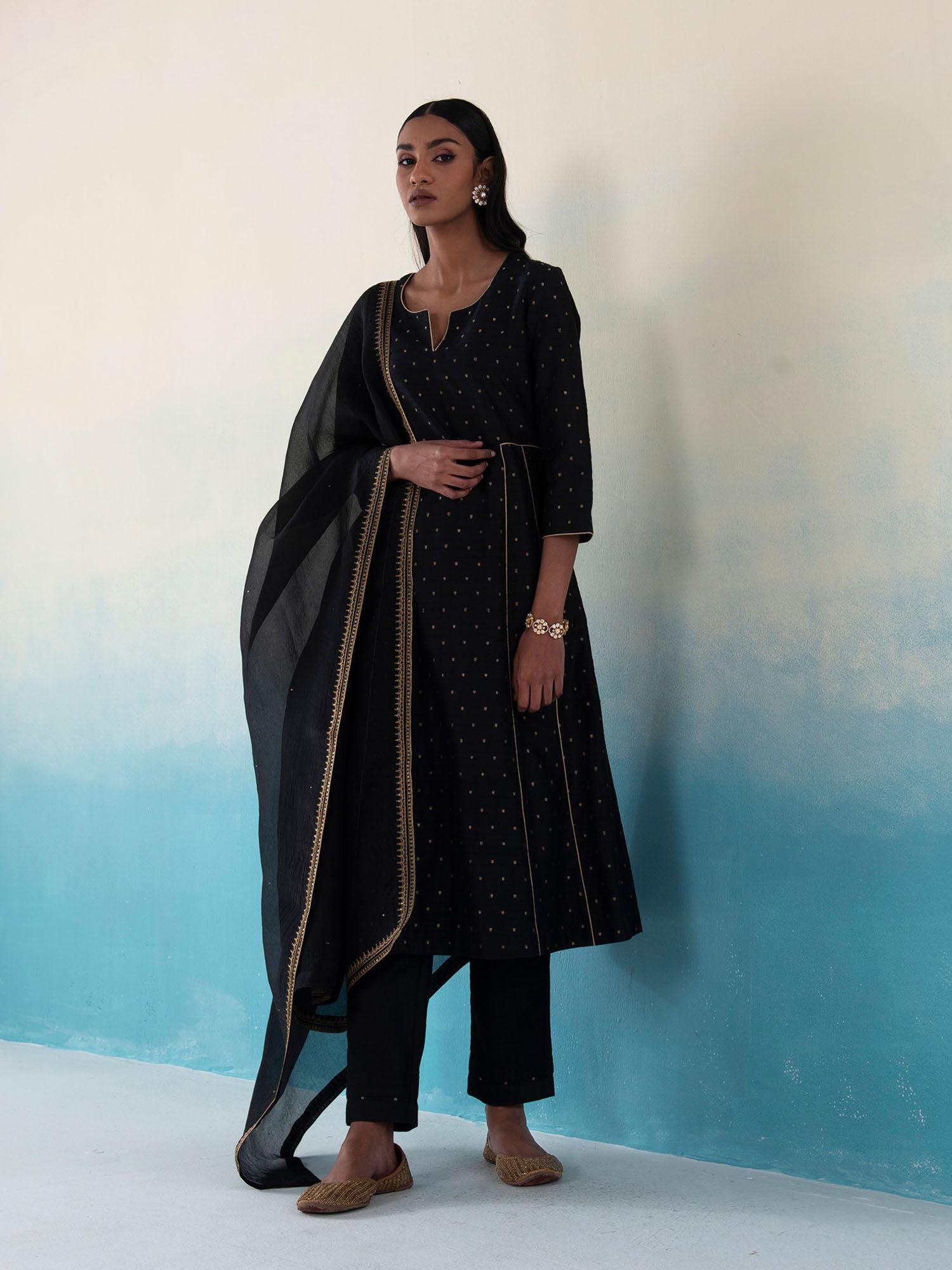 handloom black kurta with side panel tussar silk suit with dupatta (set of 3)