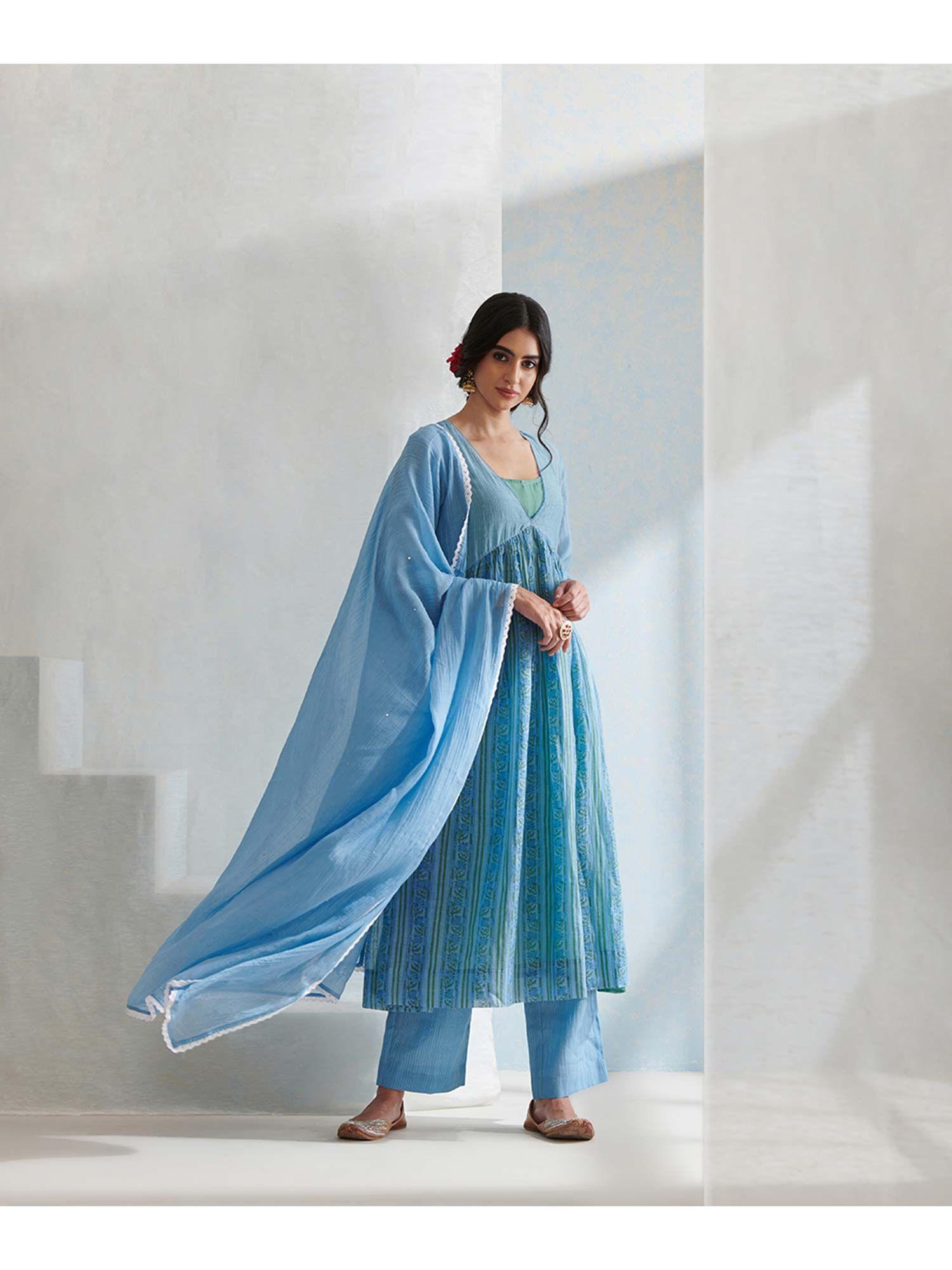 handloom blue chanderi kurta with pants and chanderi dupatta with inner (set of 4)
