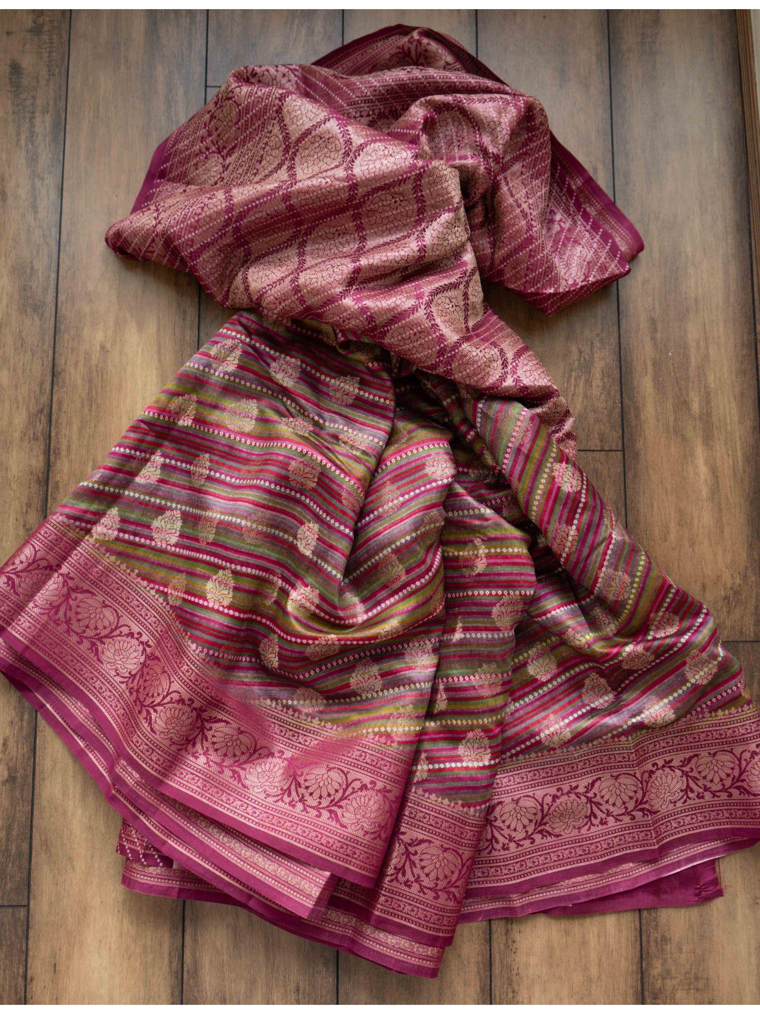 handloom chiniya silk leheriya magenta saree with unstitched blouse