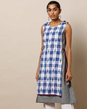 handloom cotton double ikat layered sleeveless kurta with kantha stitch