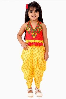 handloom cotton v neck girls ethnic set - rust