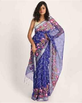 handloom embroidered saree with tassels