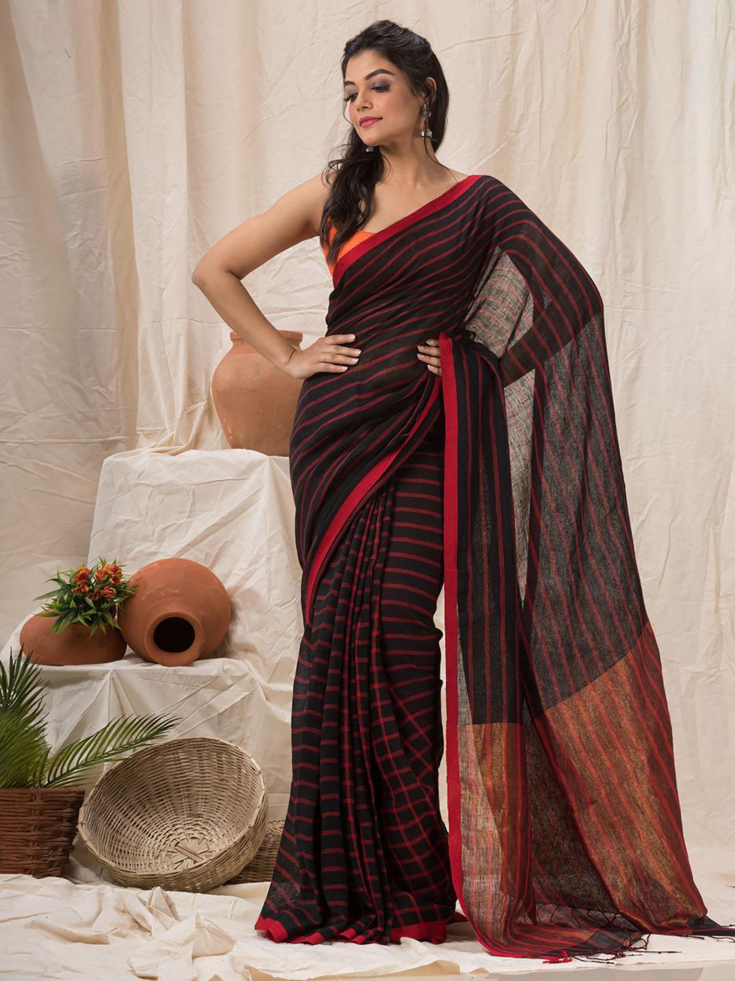 handloom linen saree black and red stripes with unstitched blouse