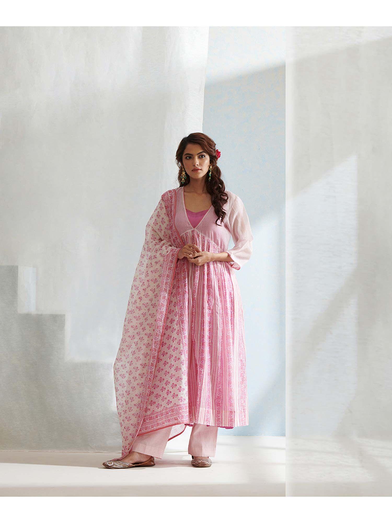handloom pink chanderi kurta with pants and block printed dupatta (set of 3)