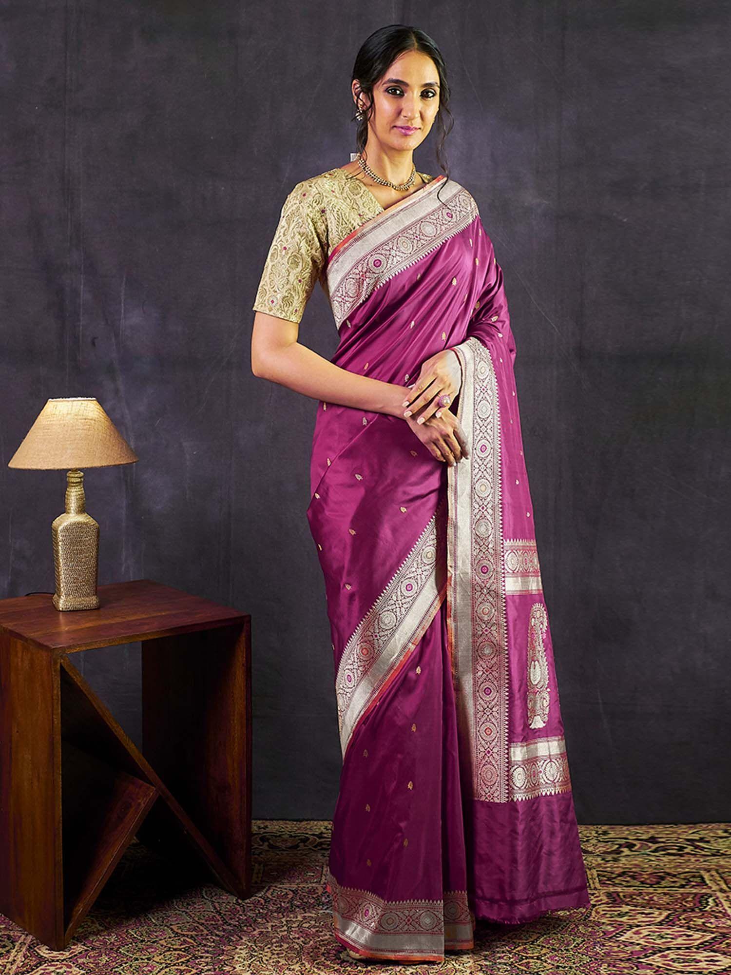 handloom wine kadhwa banarasi saree with meena booti with unstitched blouse