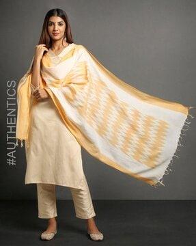 handloom woven cotton ikat dupatta with tassels